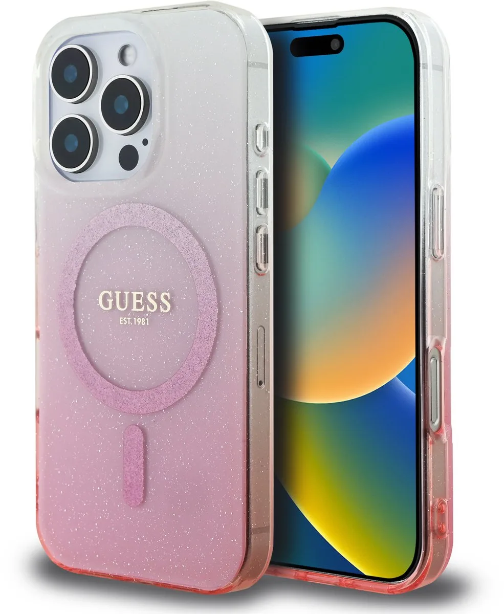 geschikt voor MagSafe IML Glitter Gradient Case geschikt voor iPhone 16 Pro Max von Guess in Rosa – Produktfoto
