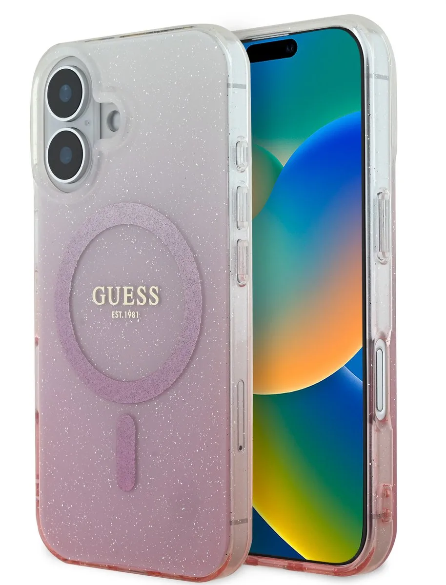 geschikt voor MagSafe IML Glitter Gradient Case geschikt voor iPhone 16 van Guess in Roze – productfoto