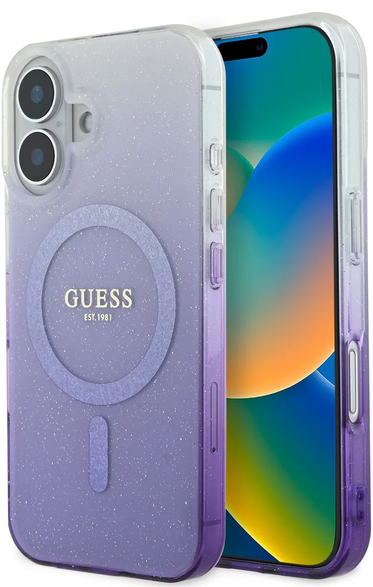geschikt voor MagSafe IML Glitter Gradient Case geschikt voor iPhone 16 van Guess in Paars – productfoto