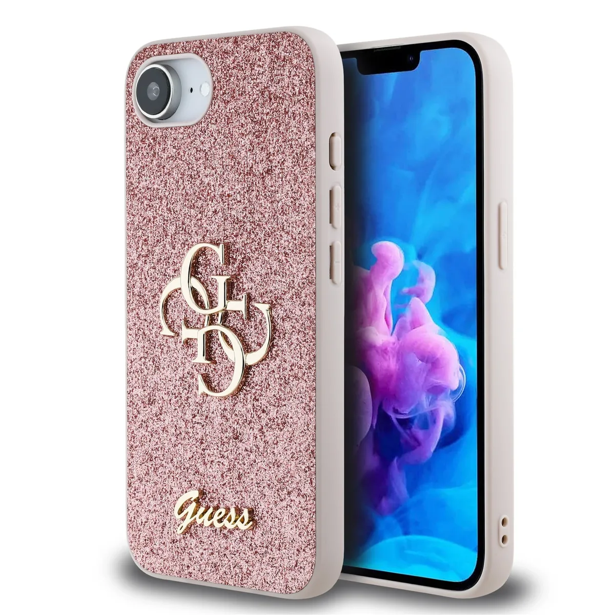 Glitter 4G Metal Logo iPhone 16e hoesje - Roze fra Guess – produktbillede