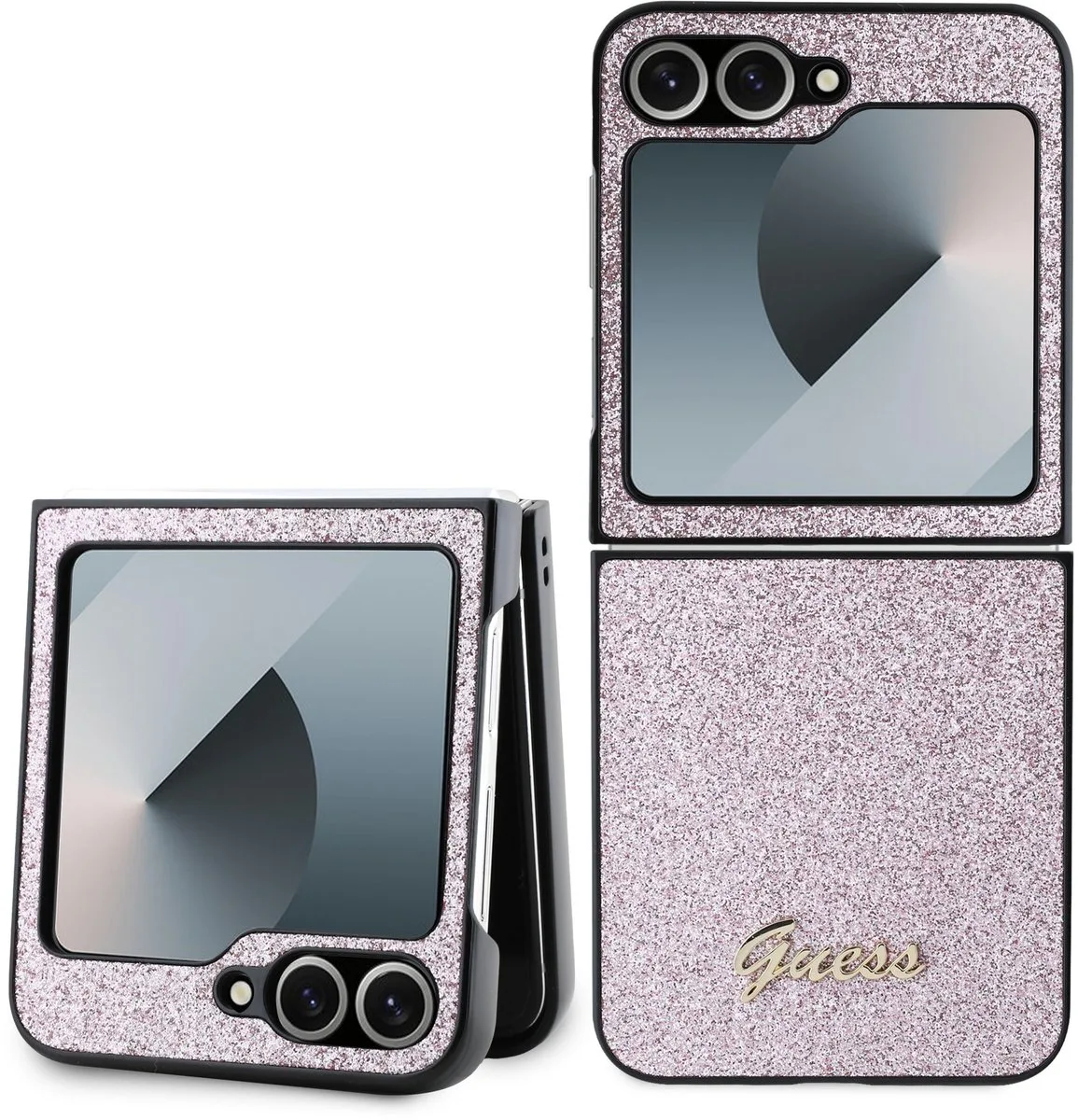 Glitter Script Hoesje Backcover - geschikt voor Samsung Galaxy Z Flip 6 / Z Flip7 FE-editie fra Guess i Lyserød – produktbillede