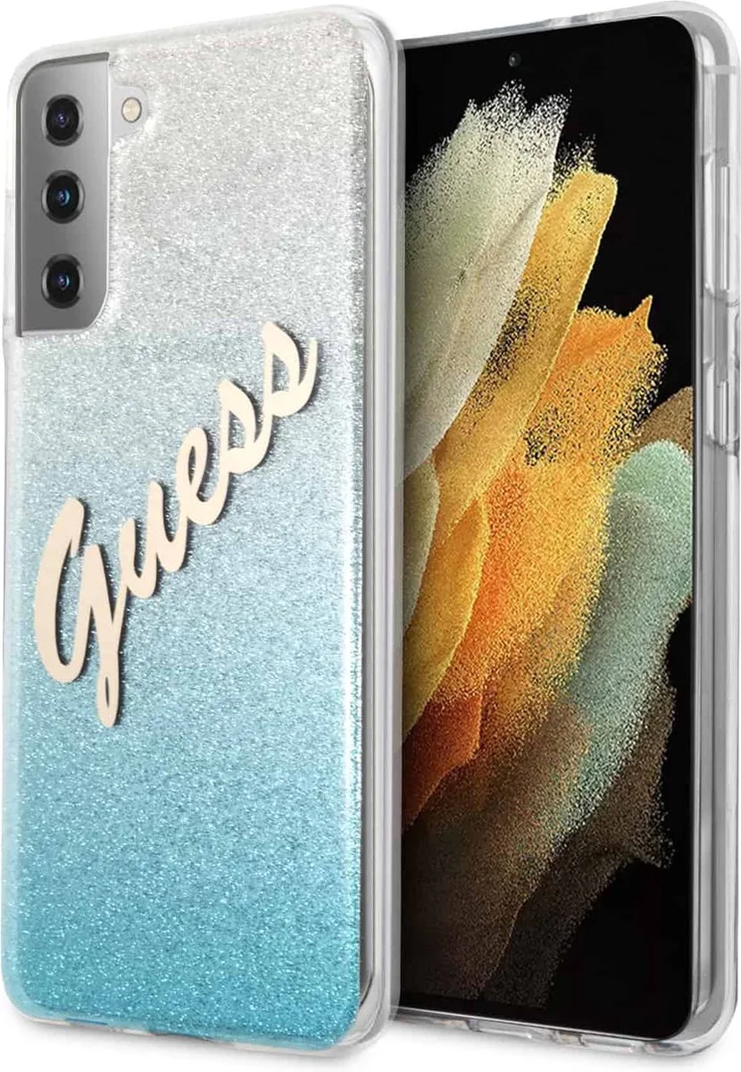 Glitter Vintage Backcase hoesje Samsung S21 Plus van Guess in Blauw – productfoto