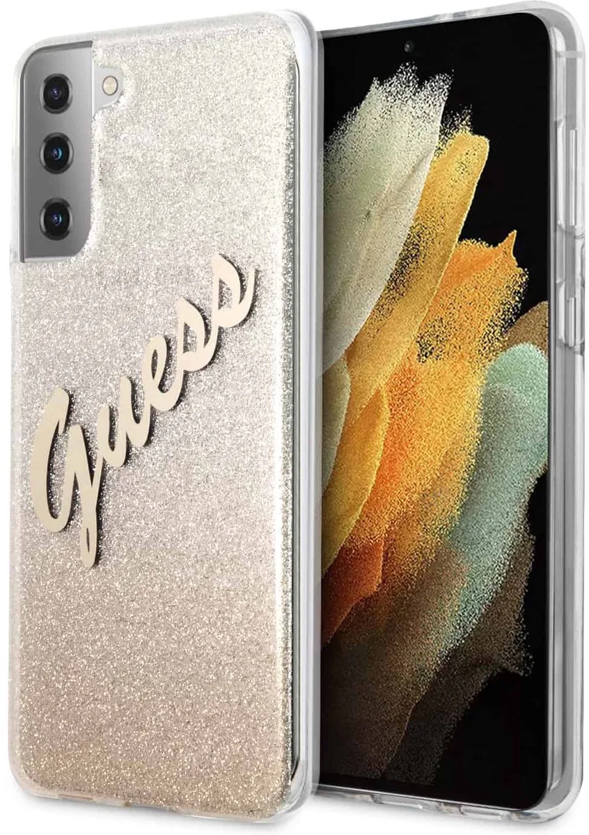 Glitter Vintage Backcase hoesje Samsung S21 Plus van Guess in Goud – productfoto