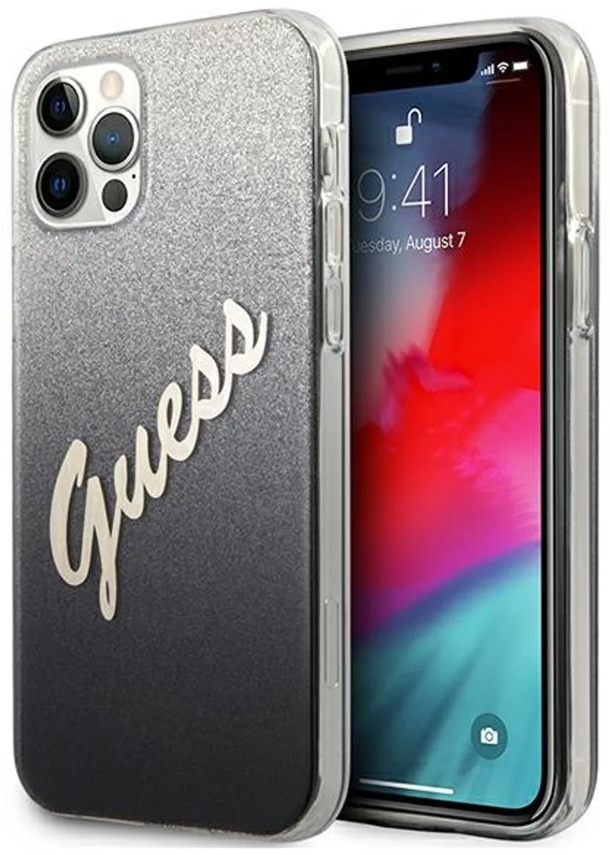 Gradient Vintage Glitter Back Case - Geschikt voor Apple iPhone 12/12 Pro (6.1") van Guess in Zwart – productfoto