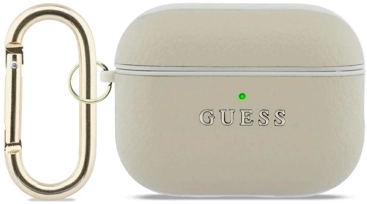 Grained Classic Logo Hook Case Voor Airpods Pro 3, Goudkleurige Bescherming Met Logo. de Guess en Transparent – photo produit
