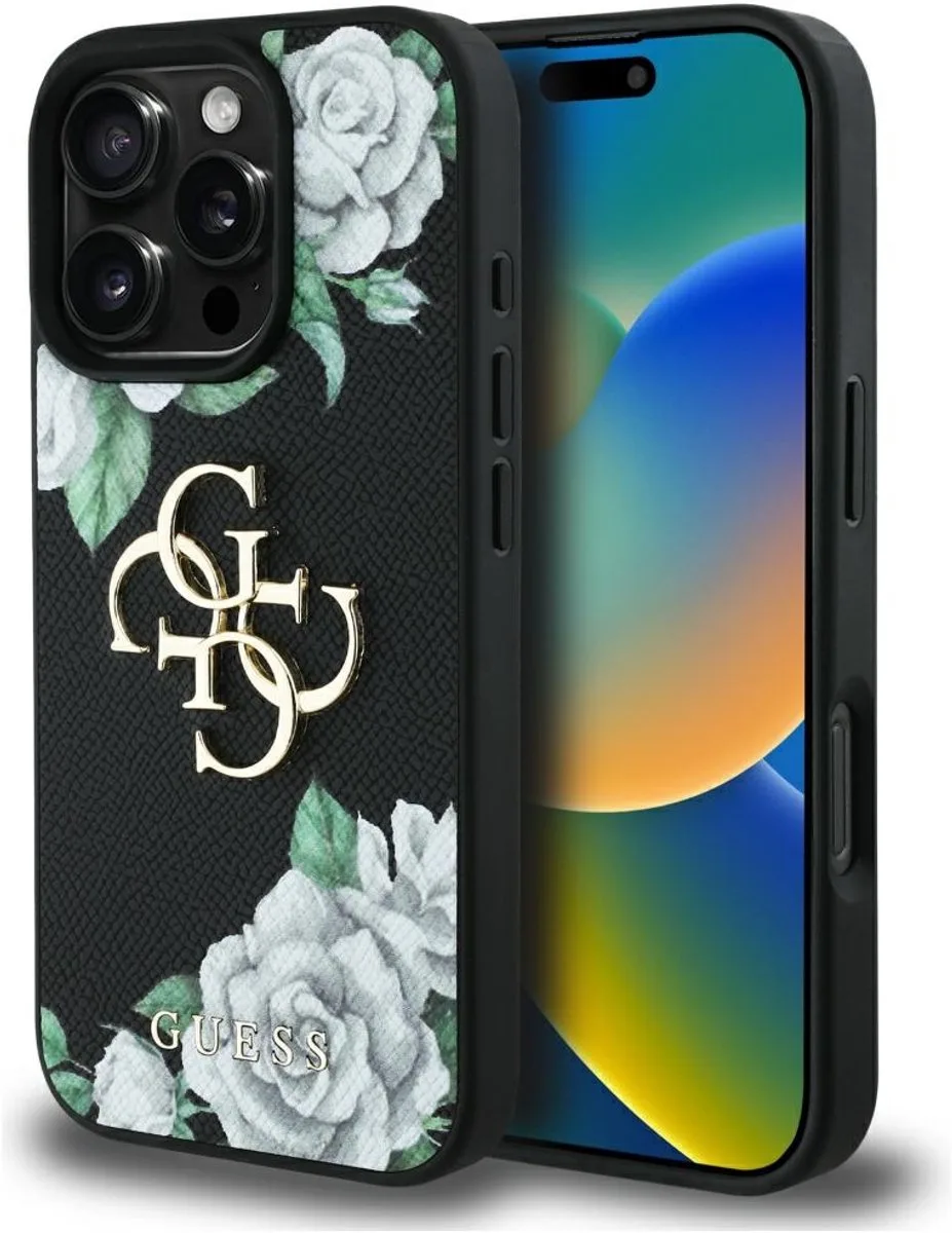 Grained Roses Big 4G Serie - Hoesje voor iPhone 16 Pro - Bloemenpatroon - Eco-leer de Guess en Noir – photo produit
