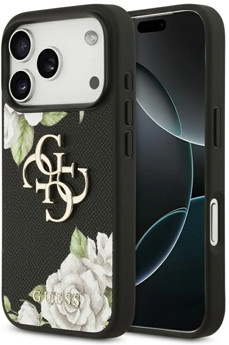 Grained Roses Groot 4G Logo Hoesje Voor Iphone 17 Pro Luxe Bescherming de Guess en Noir – photo produit