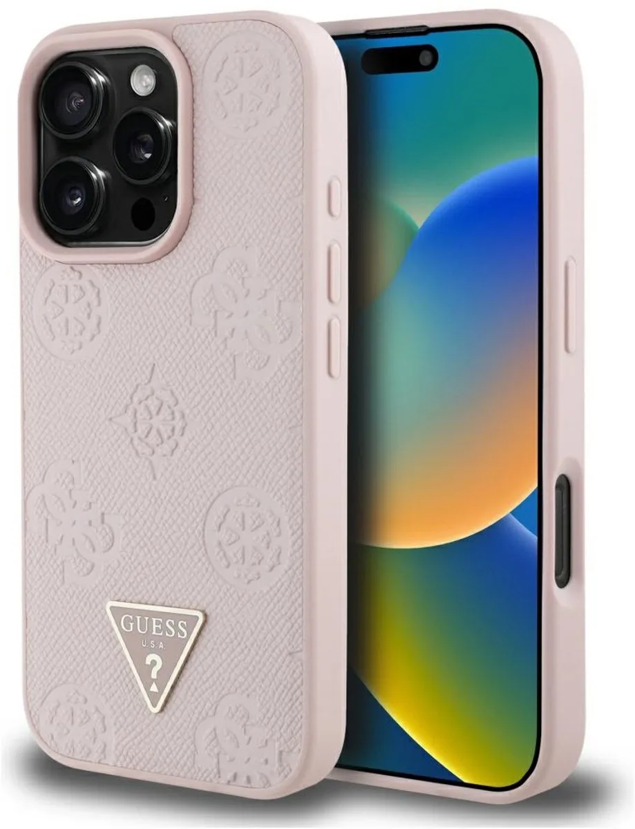 Grained Serie - iPhone 16 Pro Hoesje - MagSafe - Rood - Bloemmotief van Guess in Roze – productfoto