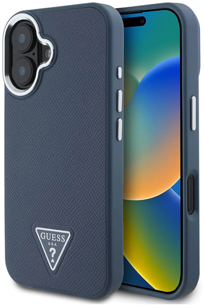 Grained Triangle Case geschikt voor MagSafe geschikt voor iPhone 16 fra Guess i Blå – produktbillede
