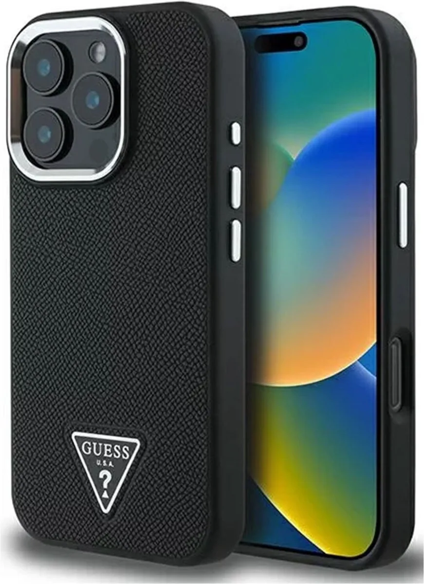 Grained Triangle Case geschikt voor MagSafe geschikt voor iPhone 16 Pro von Guess in Schwarz – Produktfoto