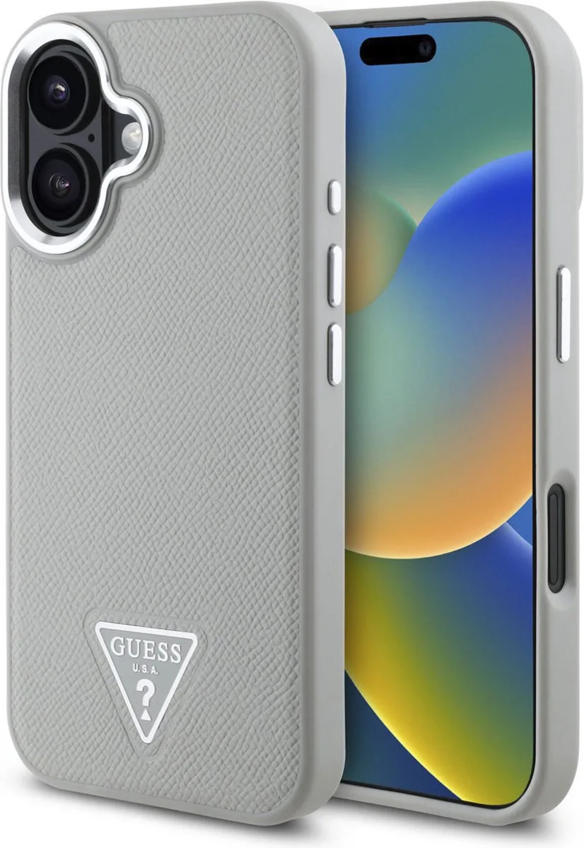 Grained Triangle Case geschikt voor MagSafe geschikt voor iPhone 16 de Guess en Beige – photo produit