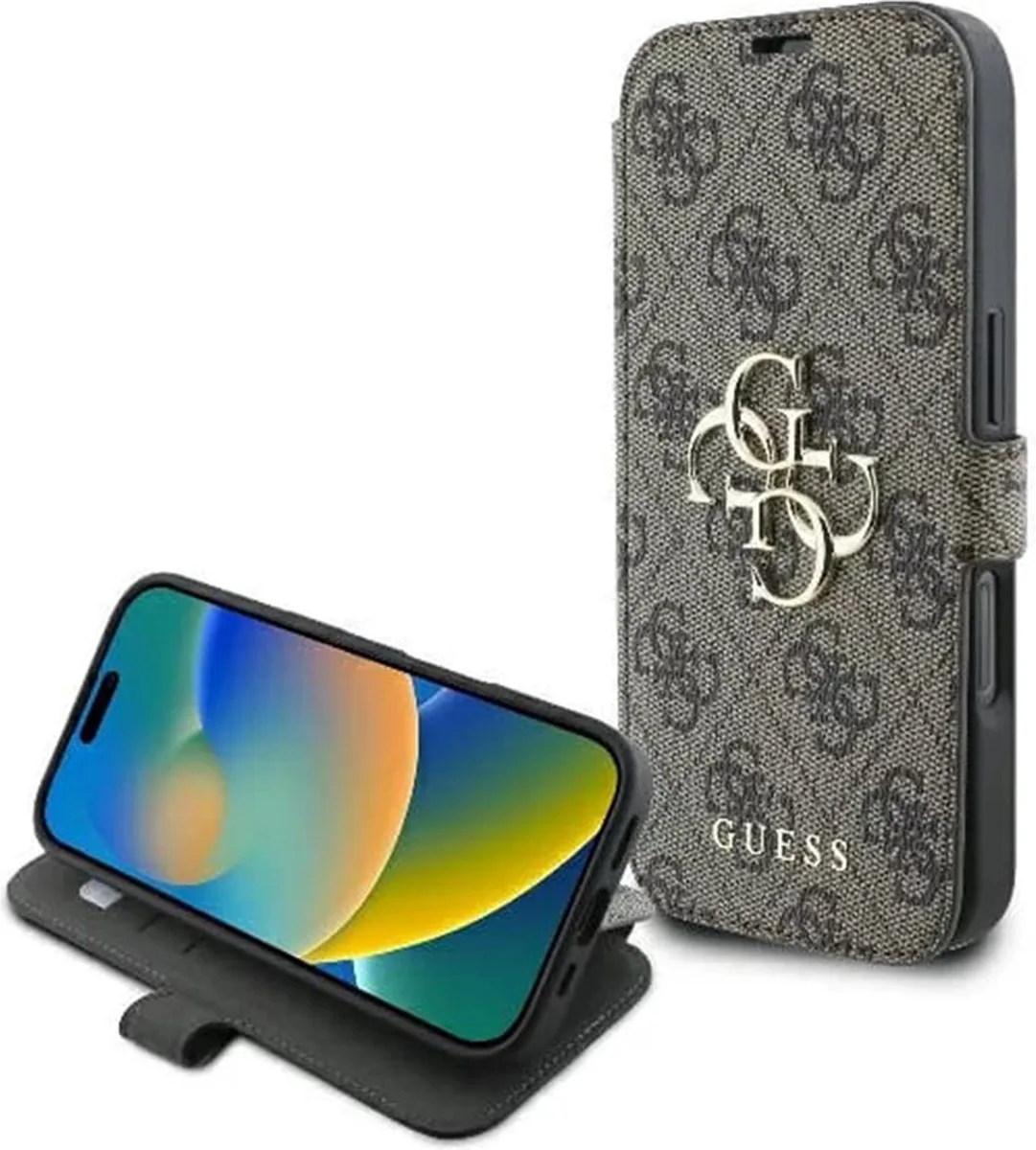 Guess 4G Big Metal Logo Book Wallet Case hoesje voor Apple iPhone 16 Pro Max van Guess in Bruin – productfoto