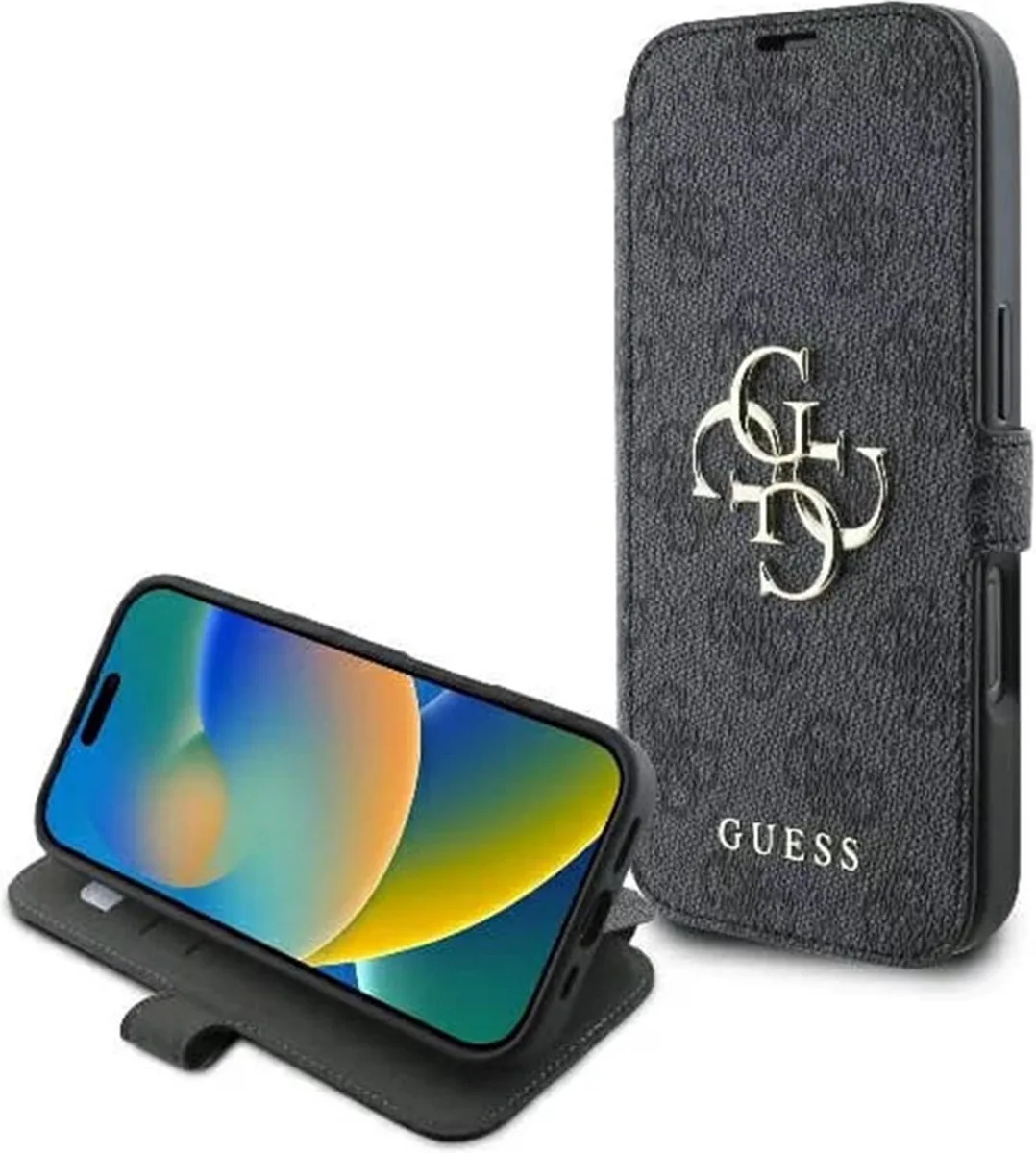 Guess 4G Big Metal Logo Book Wallet Case hoesje voor Apple iPhone 16 Pro van Guess in Zwart – productfoto