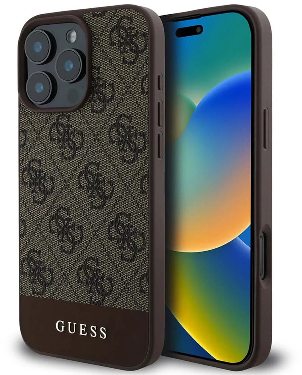 Guess 4G Bottom Stripe Hoesje Geschikt voor Apple iPhone 16 Pro - Back Cover de Guess en Marron – photo produit