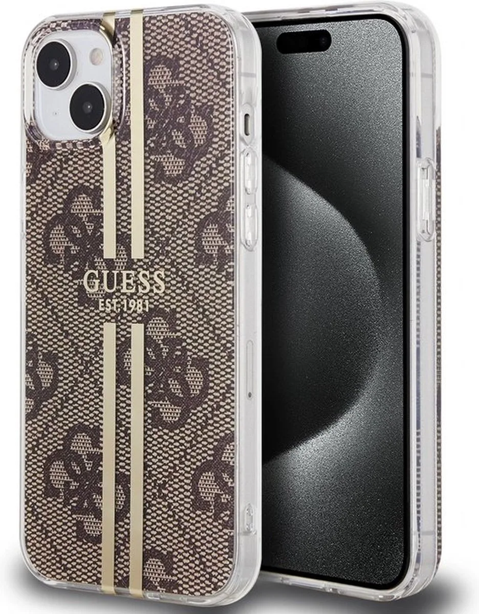 Guess 4G Gold Stripe Back Case - Apple iPhone 15 (6.1") van Guess in Bruin – productfoto