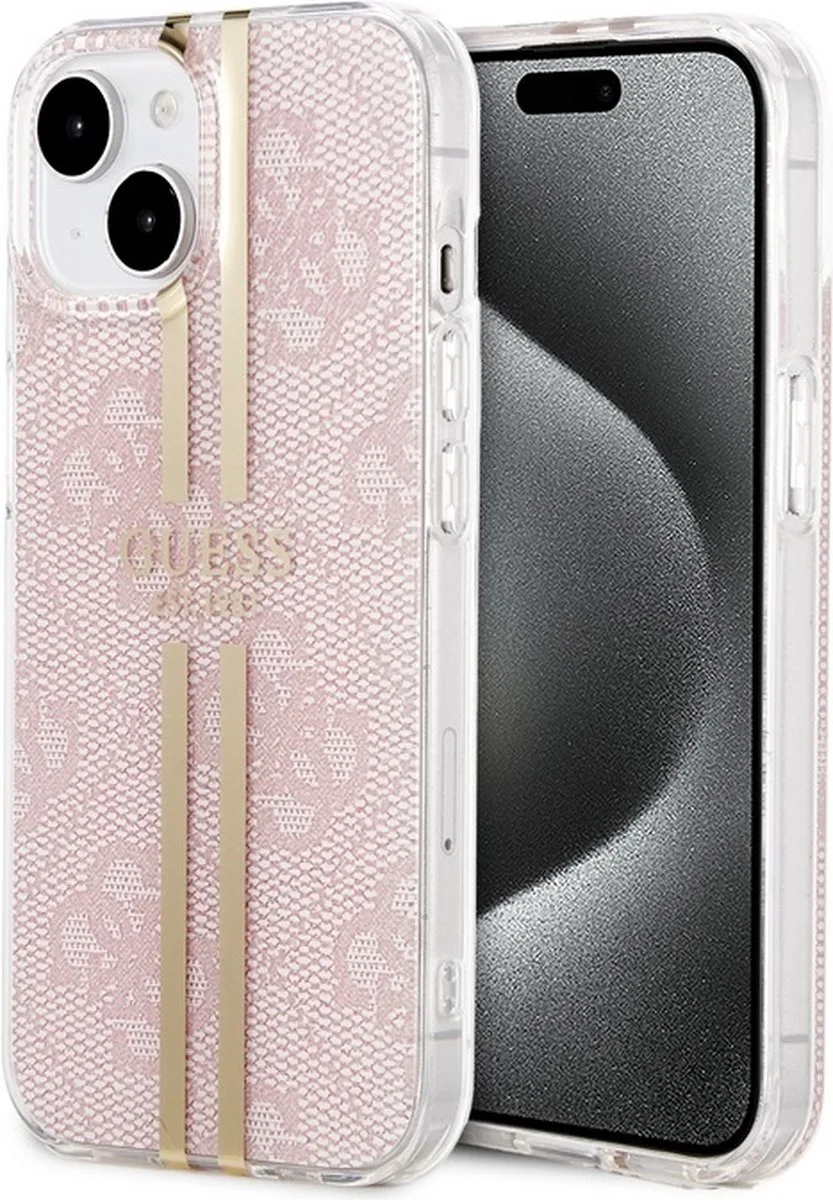 Guess 4G Gold Stripe Back Case - Apple iPhone 15 (6.1") van Guess in Roze – productfoto