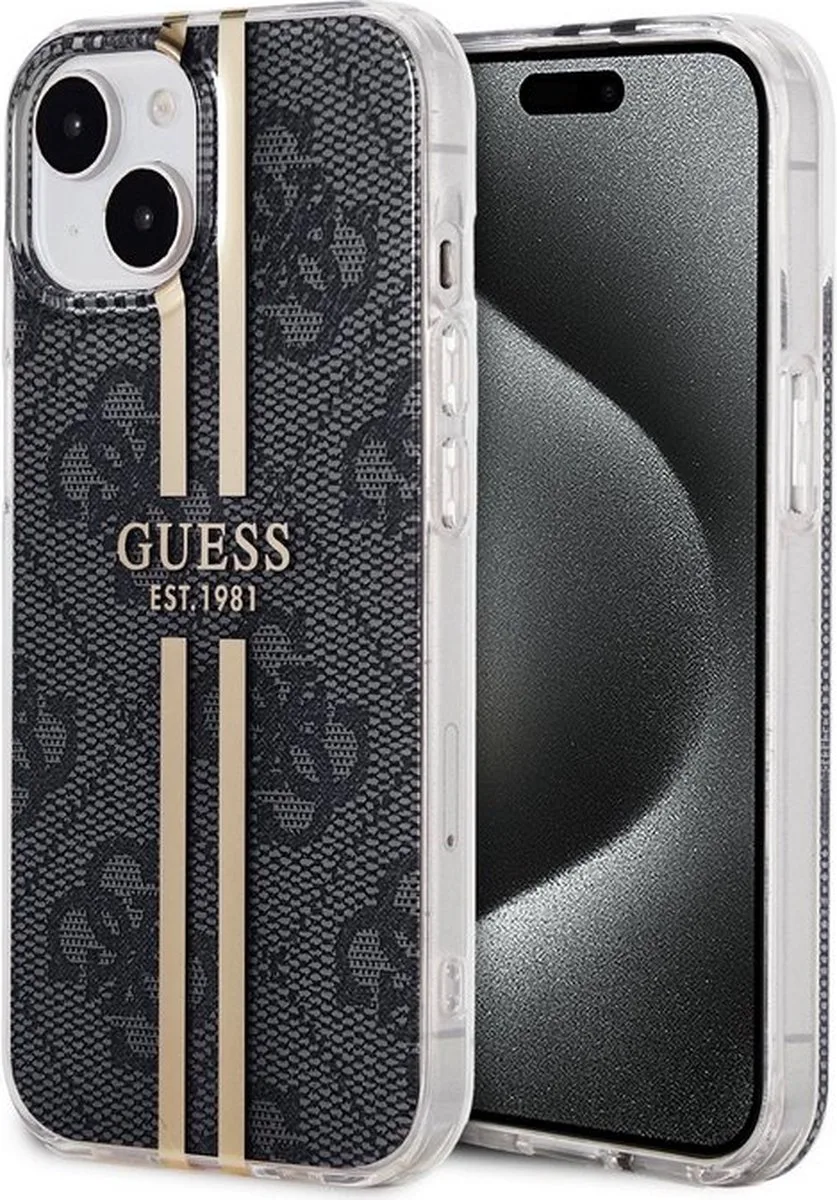 Guess 4G Gold Stripe Back Case - Apple iPhone 15 (6.1") van Guess in Zwart – productfoto