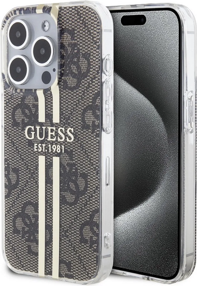 Guess 4G Gold Stripe Back Case - Apple iPhone 15 Pro (6.1") van Guess in Bruin – productfoto