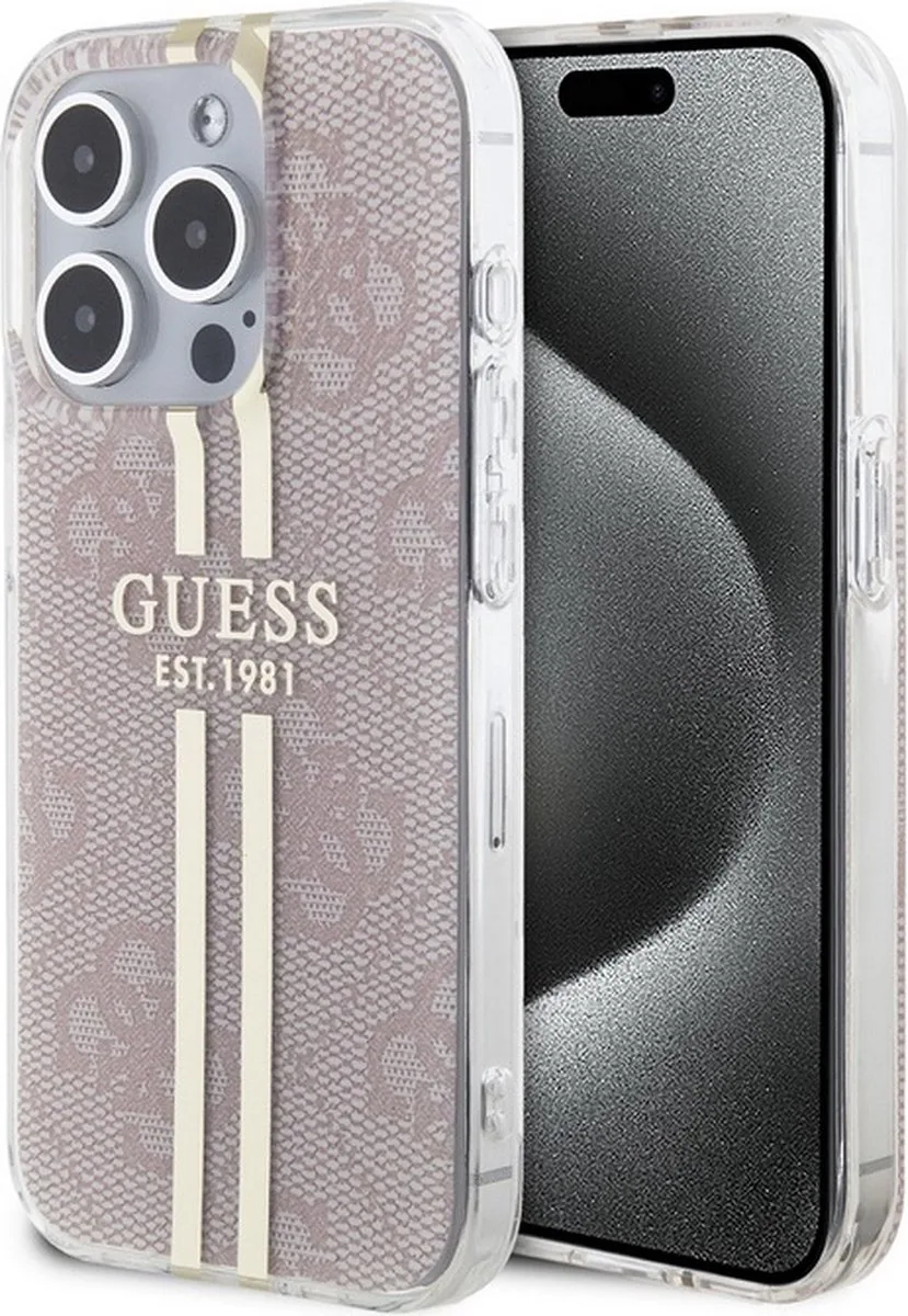 Guess 4G Gold Stripe Back Case - Apple iPhone 15 Pro Max (6.7") de Guess en Rose – photo produit
