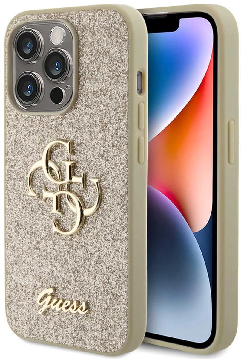 Guess 4G Logo Glitter Back Case - Geschikt voor Apple iPhone 15 Pro (6.1") van Guess in Goud – productfoto