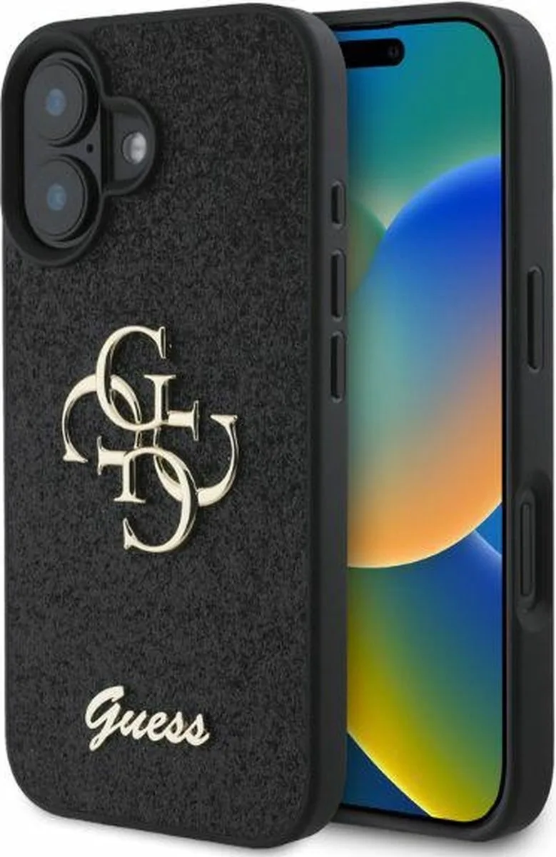 Guess 4G Logo Glitter Back Case - geschikt voor Apple iPhone 16 van Guess in Zwart – productfoto