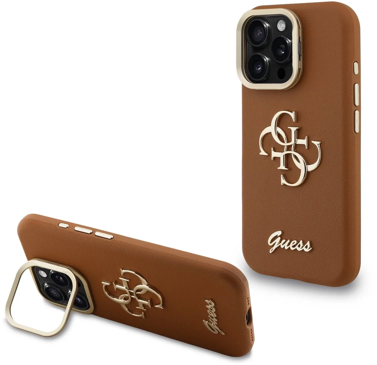 Guess 4G Logo met Camerastand functie geschikt voor iPhone 15 Pro Max hoesje von Guess in Braun – Produktfoto