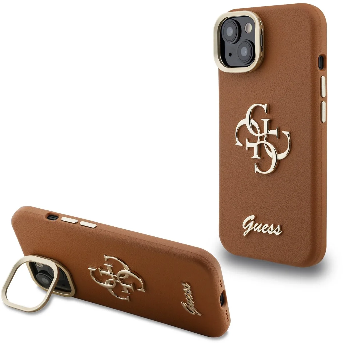 Guess 4G Logo met Camerastand functie geschikt voor iPhone 15 hoesje van Guess in Bruin – productfoto
