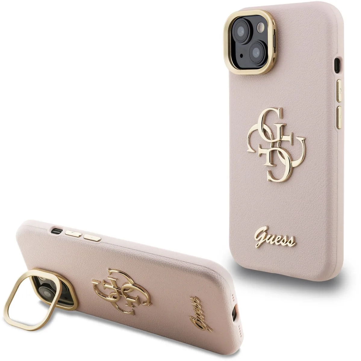 Guess 4G Logo met Camerastand functie geschikt voor iPhone 15 hoesje van Guess in Roze – productfoto