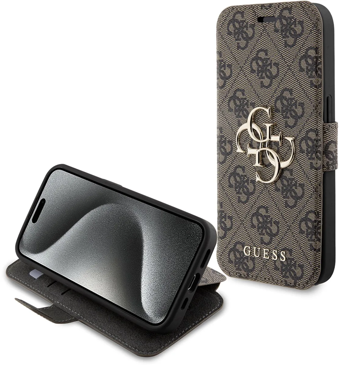 Guess 4G Metal Logo Book Case - Geschikt voor Apple iPhone 15 Pro (6.1") van Guess in Bruin – productfoto