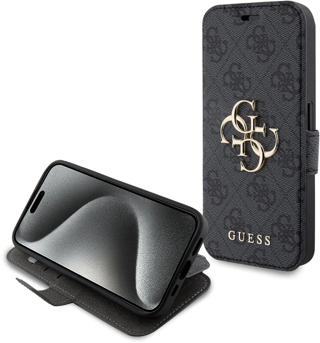 Guess 4G Metal Logo Book Case - Geschikt voor Apple iPhone 15 Pro (6.1") van Guess in Grijs – productfoto