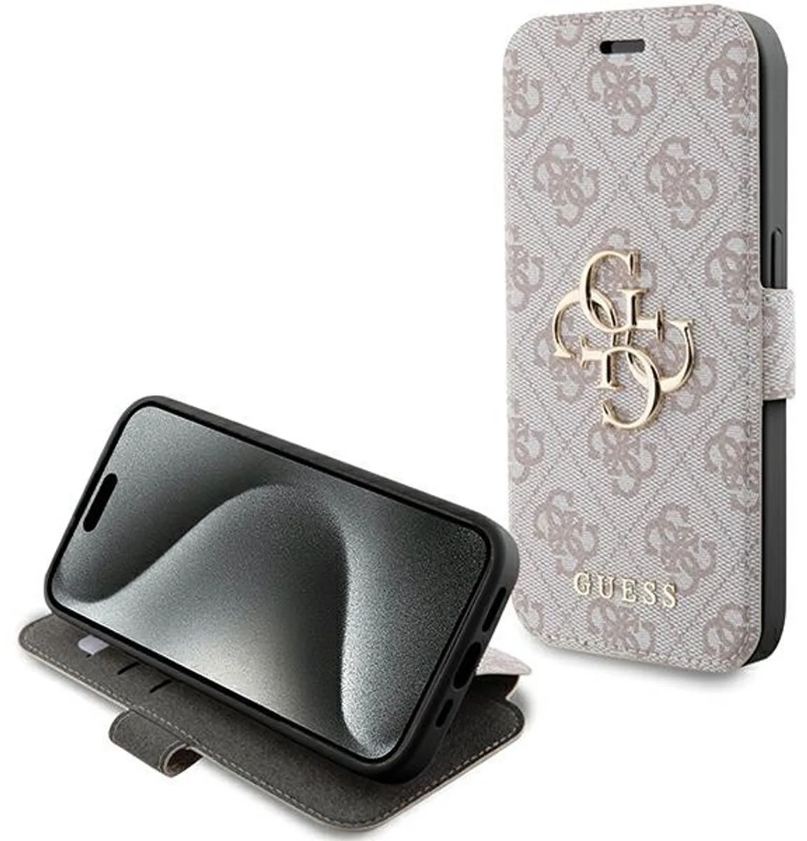 Guess 4G Metal Logo Book Case - Geschikt voor Apple iPhone 15 Pro (6.1") van Guess in Roze – productfoto