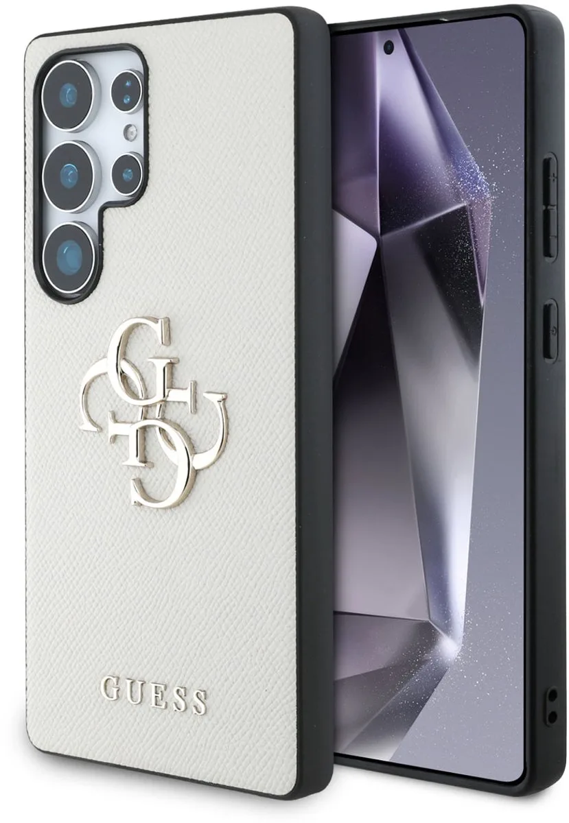 Guess 4G Metal Logo Saffiano Backcover geschikt voor Samsung Galaxy S25 Ultra fra Guess i Beige – produktbillede