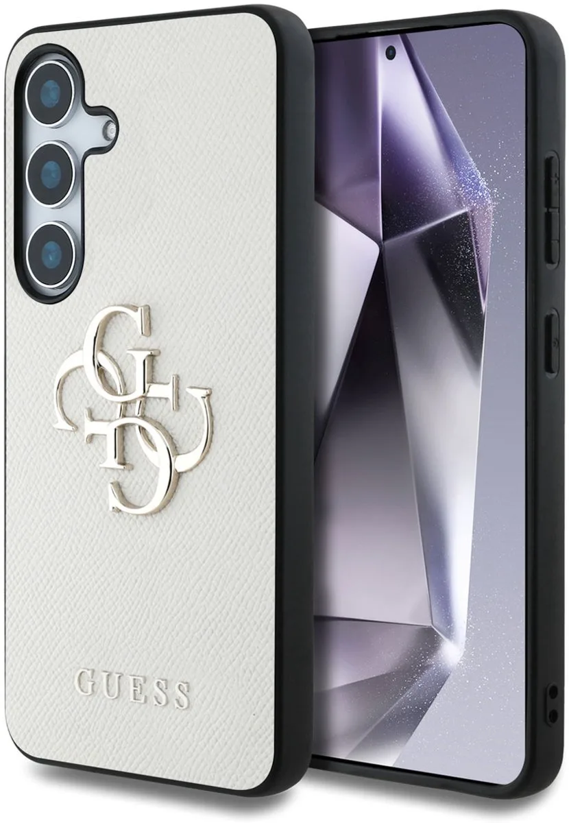 Guess 4G Metal Logo Saffiano Backcover geschikt voor Samsung Galaxy S25 från Guess i Beige – produktbild