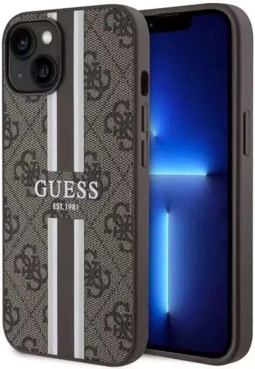 Guess 4G Printed Stripe Back Case (MagSafe Compatible) - Geschikt voor Apple iPhone 14 (6.1") de Guess en Marron – photo produit