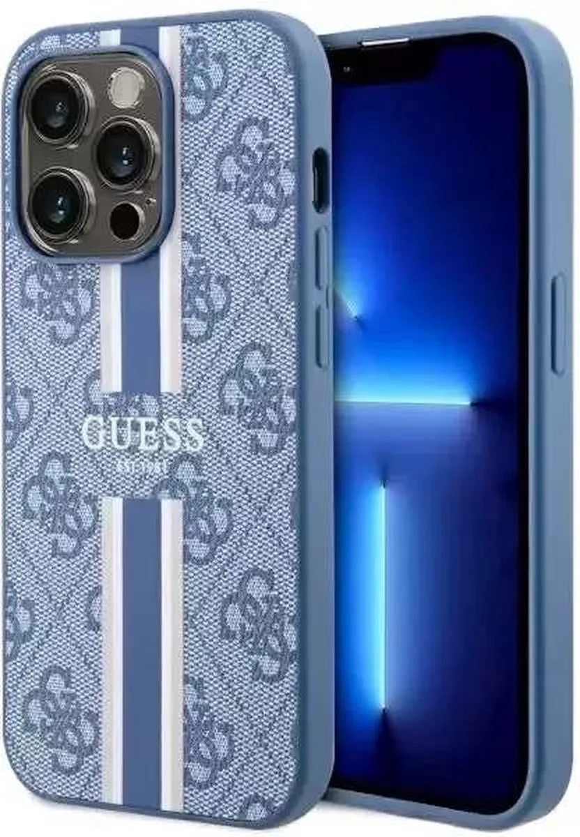 Guess 4G Printed Stripe Back Case (MagSafe Compatible) - Geschikt voor Apple iPhone 14 Pro (6.1") de Guess en Bleu – photo produit