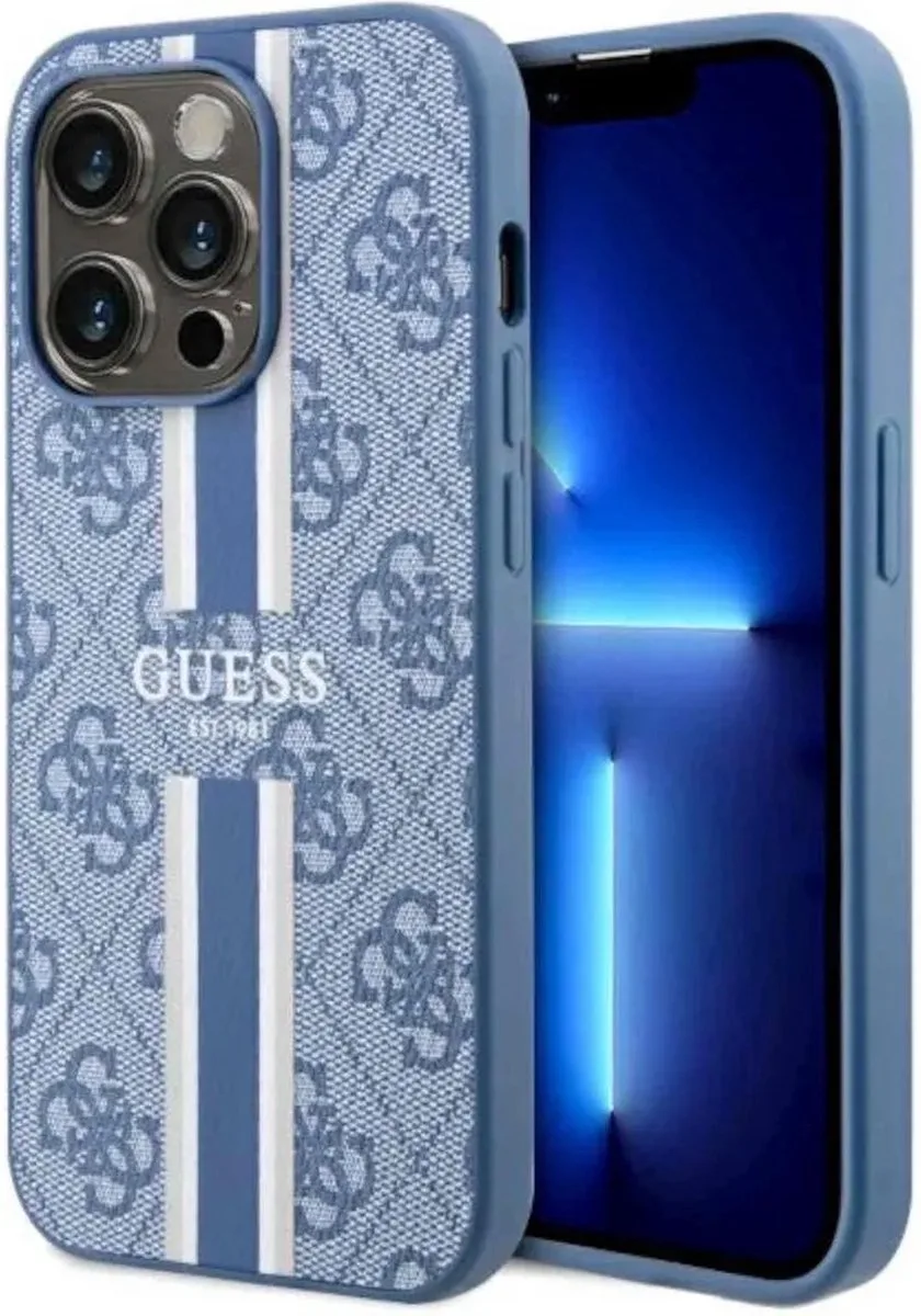 Guess 4G Printed Stripe Back Case (MagSafe Compatible) - Geschikt voor Apple iPhone 14 Pro Max (6.7") van Guess in Blauw – productfoto