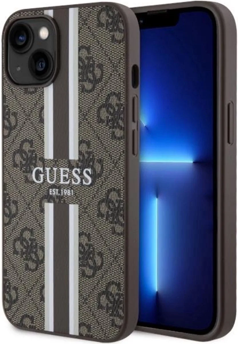Guess 4G Printed Stripe Back Case (MagSafe Compatible) - Geschikt voor Apple iPhone 14 Plus (6.7") de Guess en Marron – photo produit