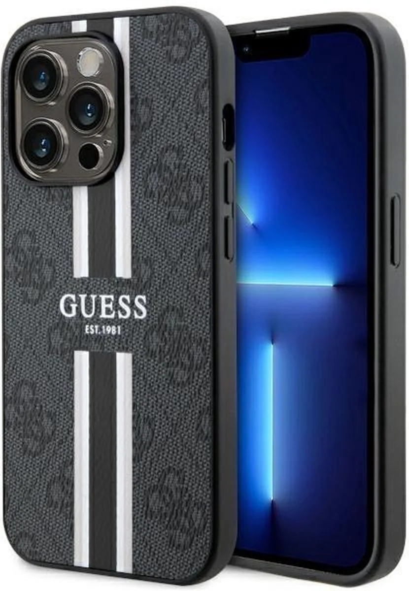 Guess 4G Printed Stripe Back Case (MagSafe Compatible) - Geschikt voor Apple iPhone 14 Pro Max (6.7") van Guess in Zwart – productfoto