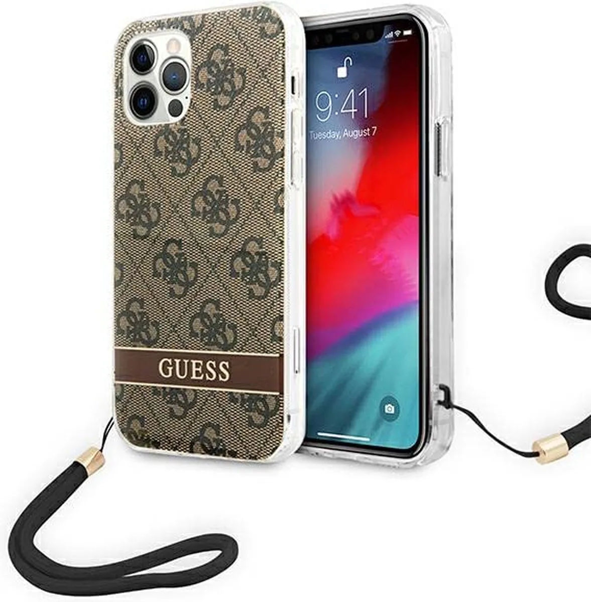 Guess 4G Printed Stripe Back Case met Strap - Geschikt voor Apple iPhone 12/12 Pro (6.1") de Guess en Marron – photo produit