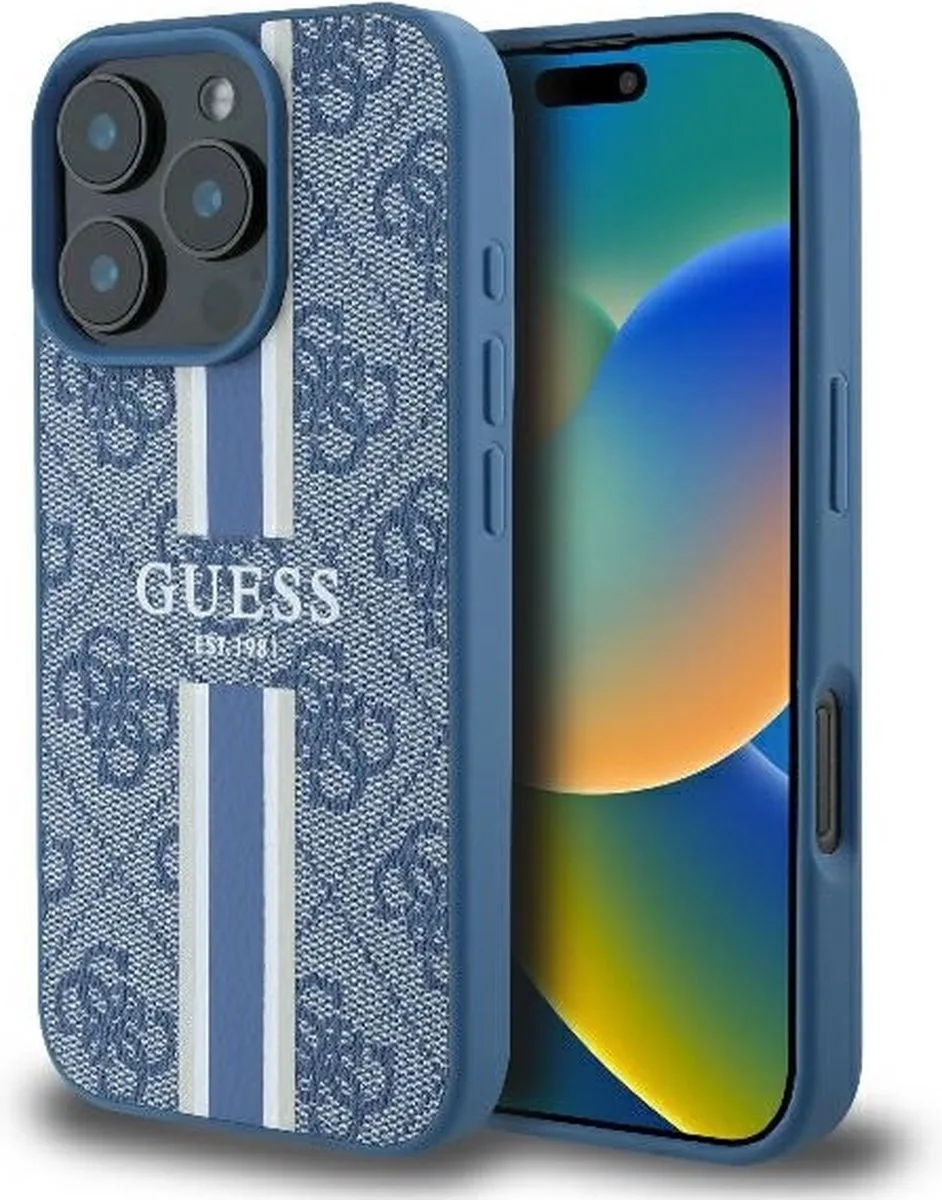 Guess 4G Printed Stripes Hard Case Back Cover hoesje met MagSafe voor Apple iPhone 16 Pro van Guess in Blauw – productfoto