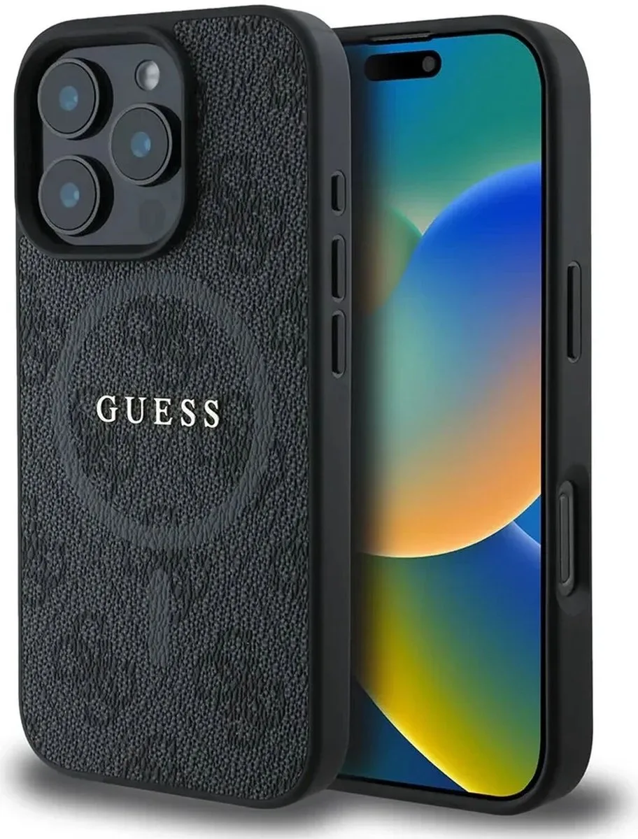 Guess 4G Ring Classic Logo Hoesje Geschikt voor iPhone 16 Pro - Back Cover Compatibel met MagSafe fra Guess i Sort – produktbillede