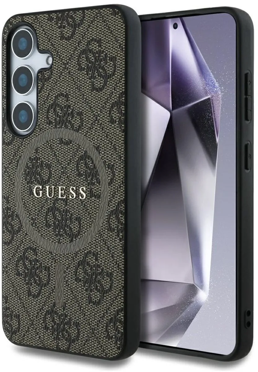 Guess 4G Ring Classic Logo Hoesje Geschikt voor Samsung Galaxy S25 Plus - Back Cover Compatibel met MagSafe / Qi2 van Guess in Bruin – productfoto