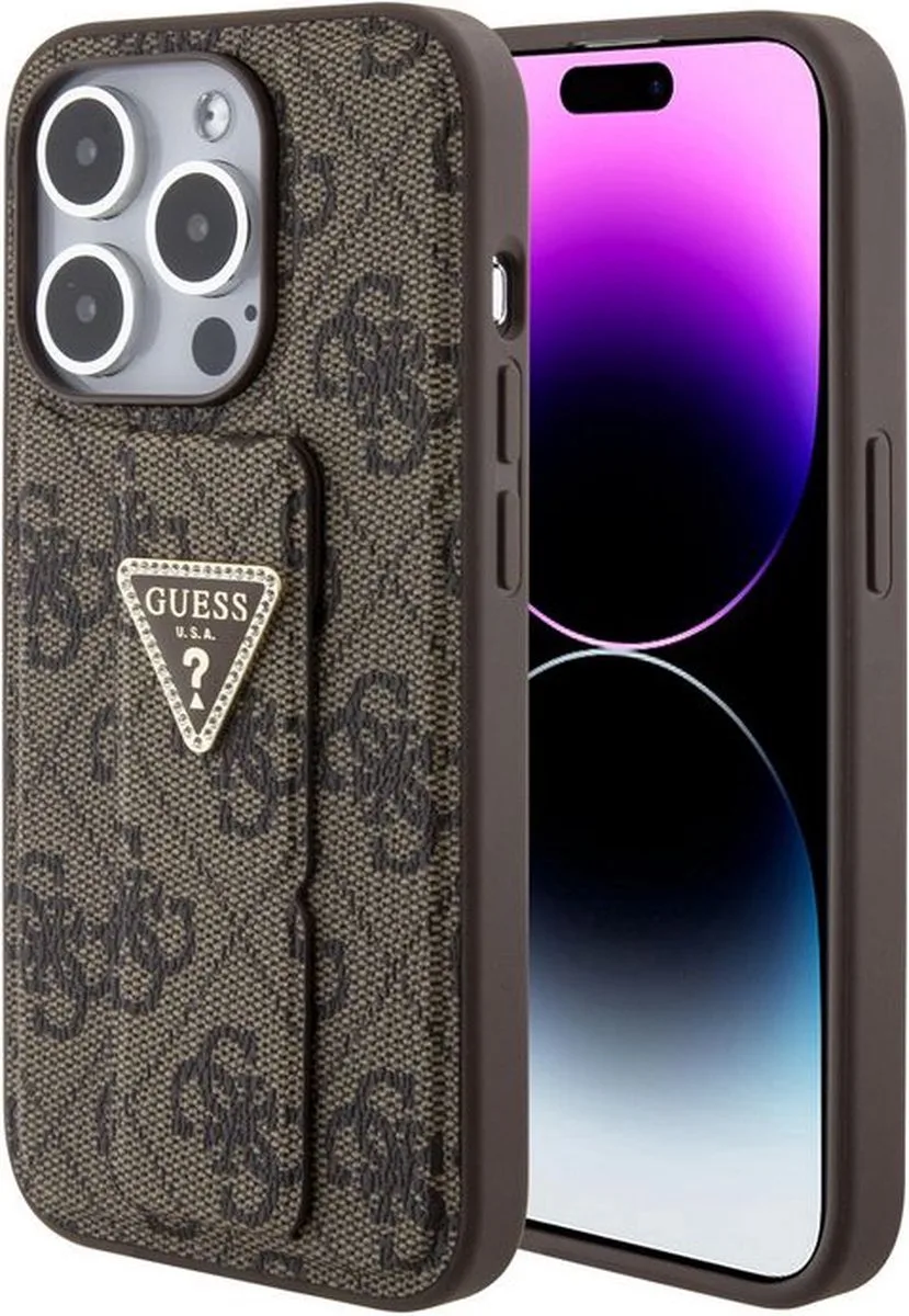 Guess 4G Triangle Logo Grip Back Case - Geschikt voor Apple iPhone 15 Pro (6.1") de Guess en Marron – photo produit