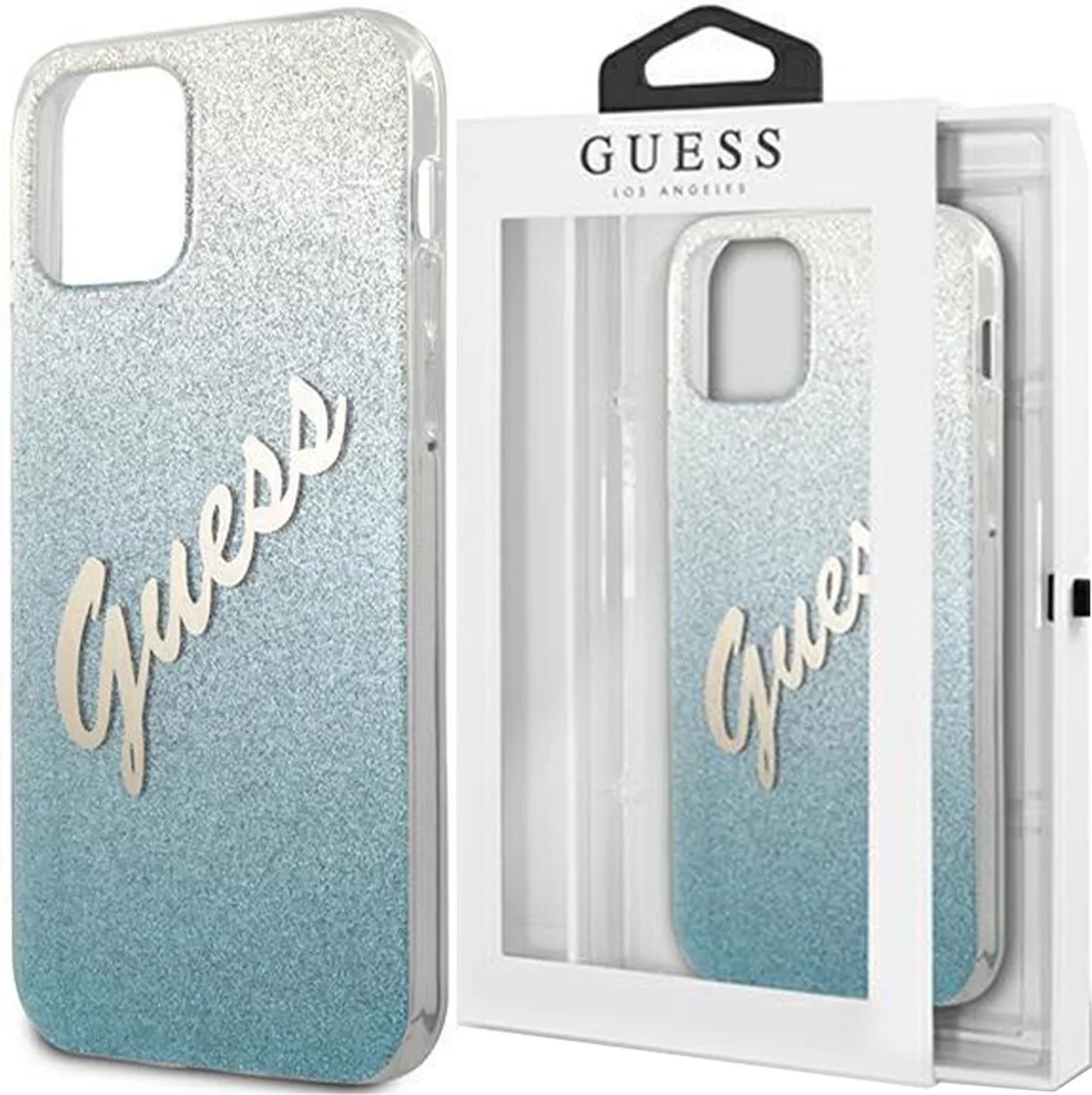 GUHCP12SPCUGLSBL Hulle fur iPhone 12 Mini 5,4" blau Glitter Gradient Script fra Guess i Blå – produktbillede