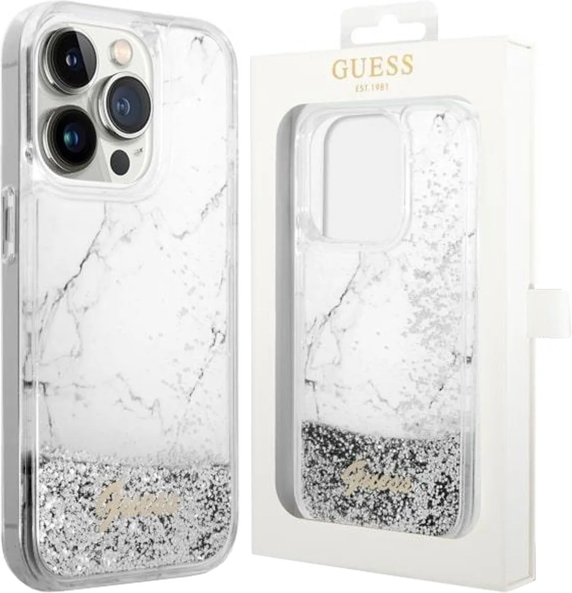 GUHCP14LLCSGSGH - hoesje voor iPhone - 14 - Pro - Liquid - Glitter - Marble fra Guess i Hvid – produktbillede