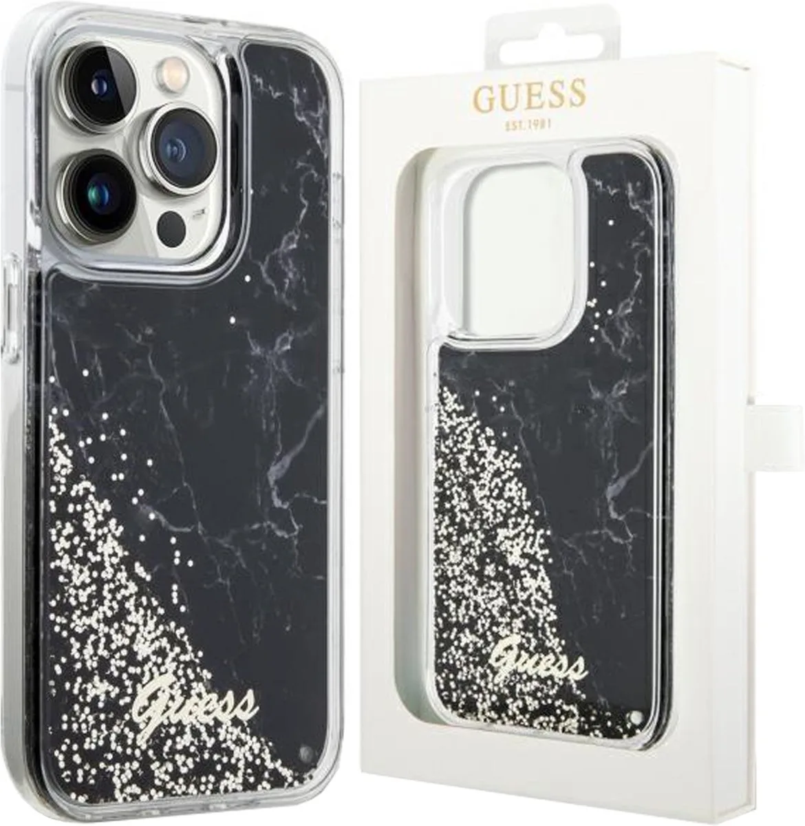 GUHCP14LLCSGSGK - hoesje voor iPhone - 14 - Pro - Liquid - Glitter - Marble de Guess en Noir – photo produit