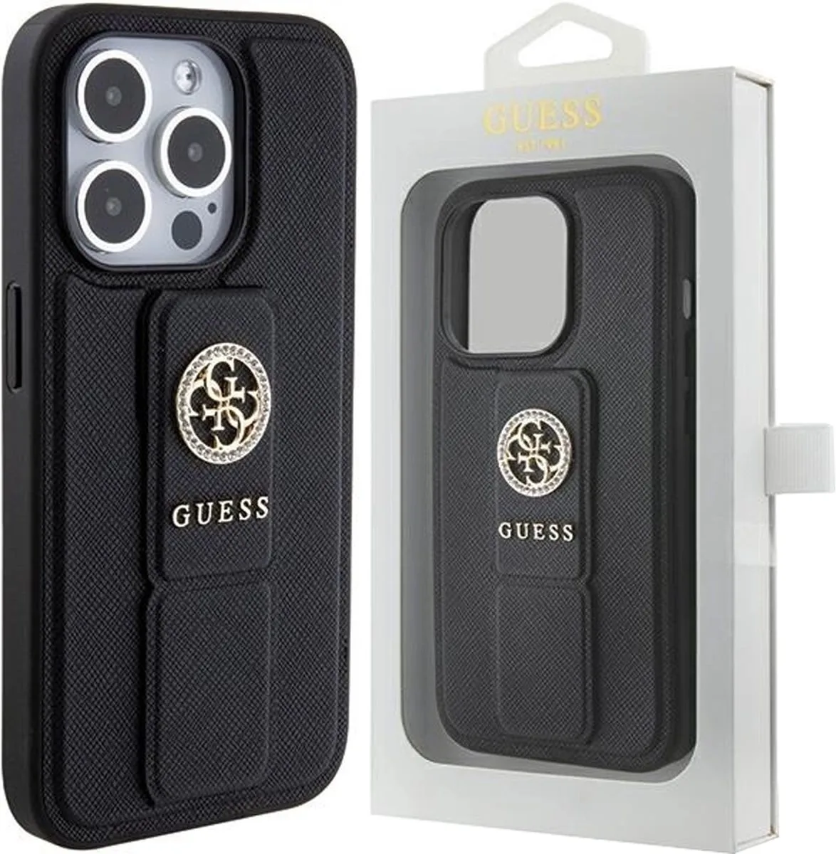 GUHCP15LPGSSADK iPhone 15 Pro black hardcase Grip Stand 4G Saffiano Strass fra Guess i Sort – produktbillede