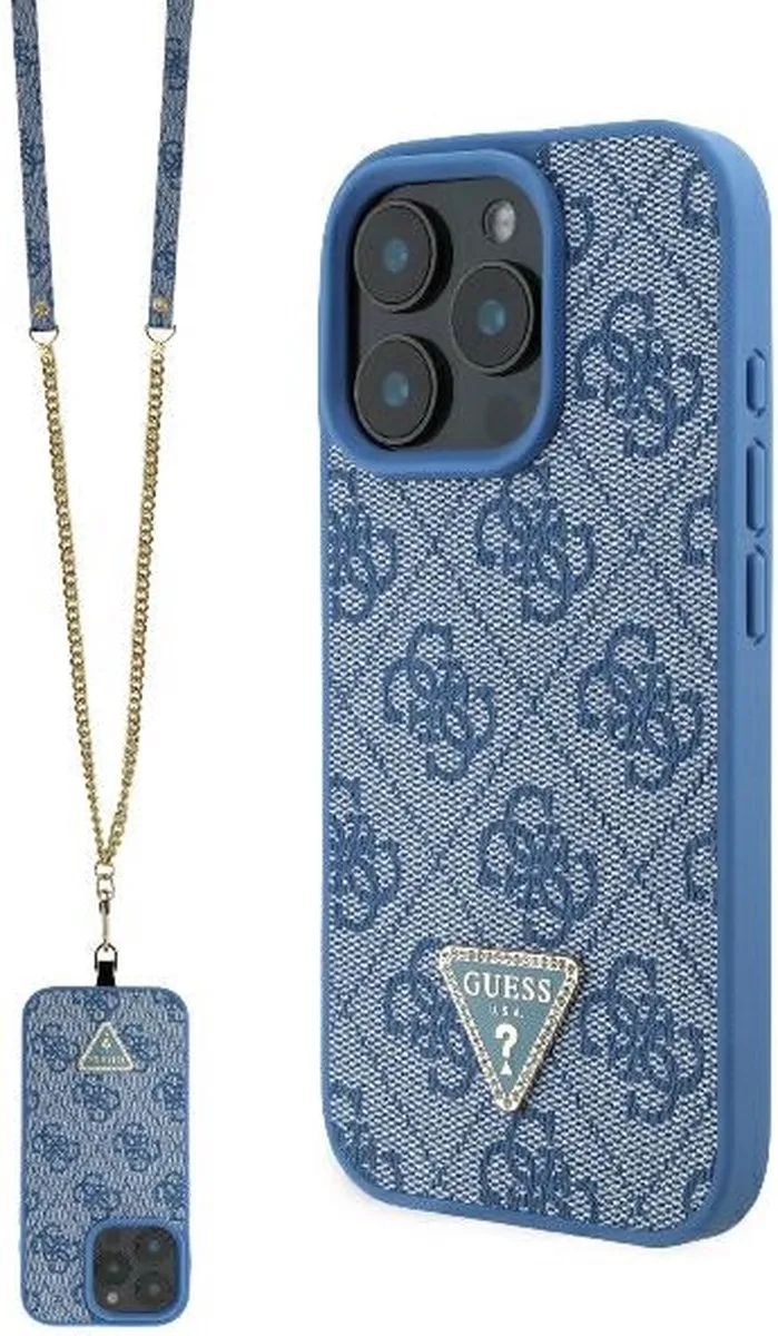 GUHCP16XP4TDSCPB iPhone 16 Pro Max 6,9" blauw/blauwe hardcase lederen metalen logo strass crossbody fra Guess i Universeel – produktbillede