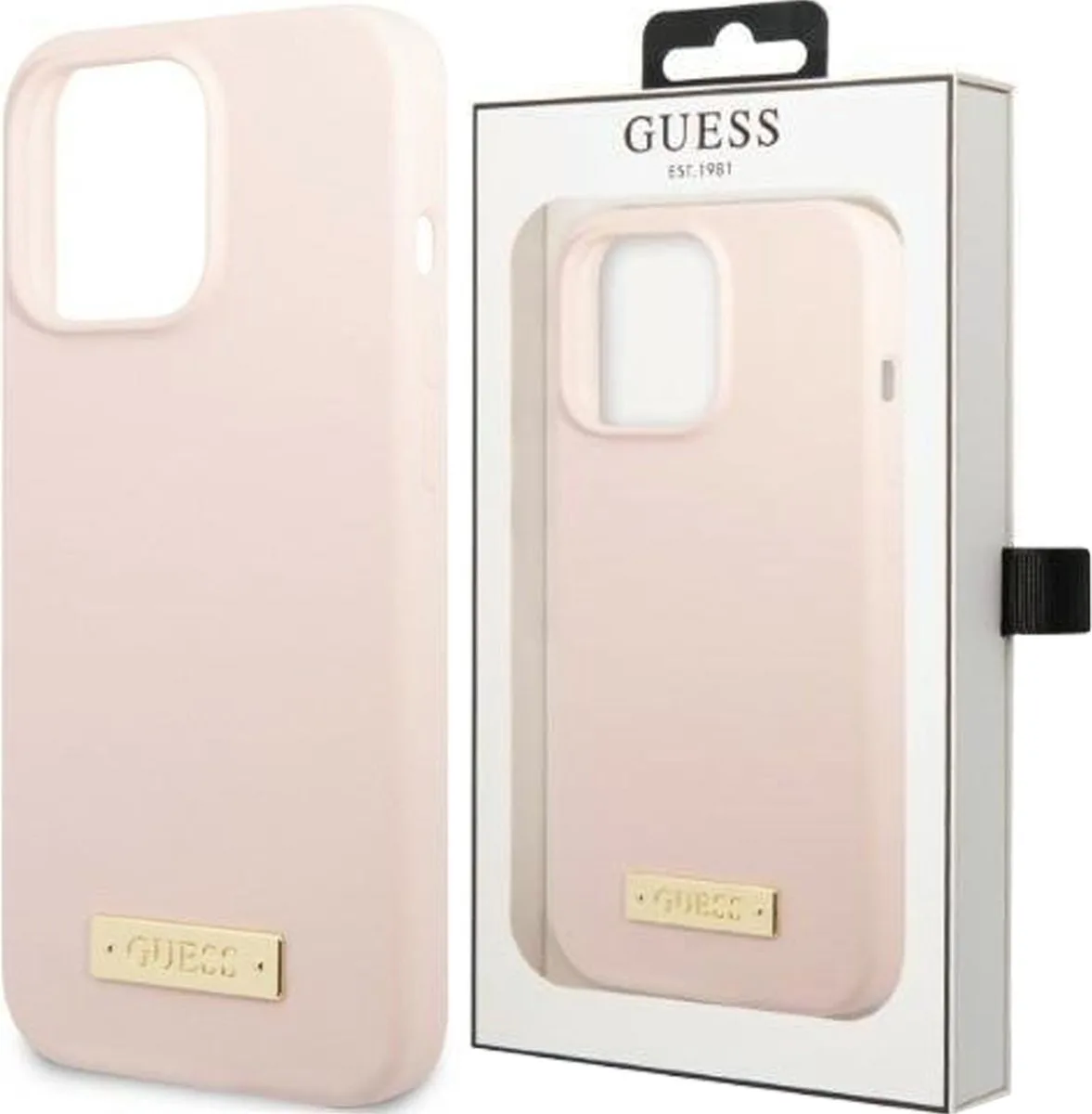 GUHMP13MSBPLP - iPhone - 13 - 6.1 - roze/roze - harde - hoes - Siliconen - logoplaat - MagSafe de Guess en Rose – photo produit