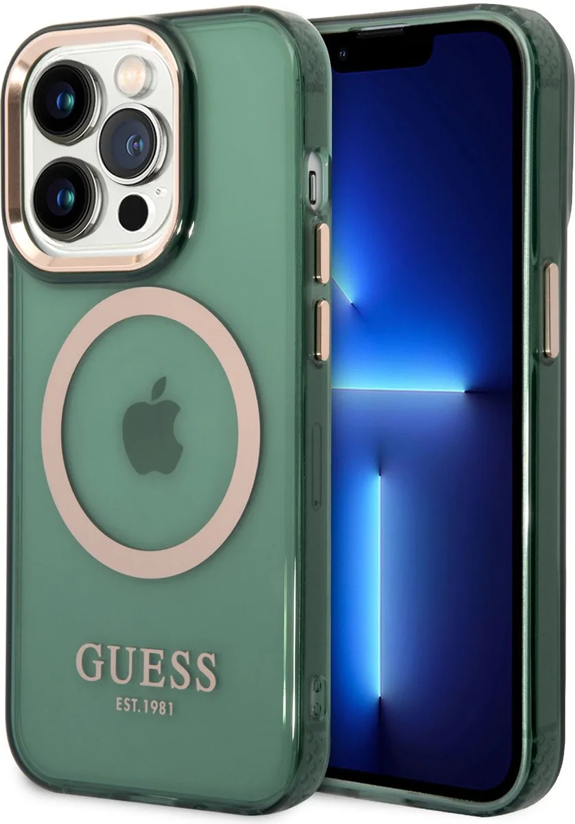 GUHMP14LHTCMA hoesje voor iPhone 14 Pro groen/kaki Gold Outline Translucent MagSafe de Guess en Universeel – photo produit